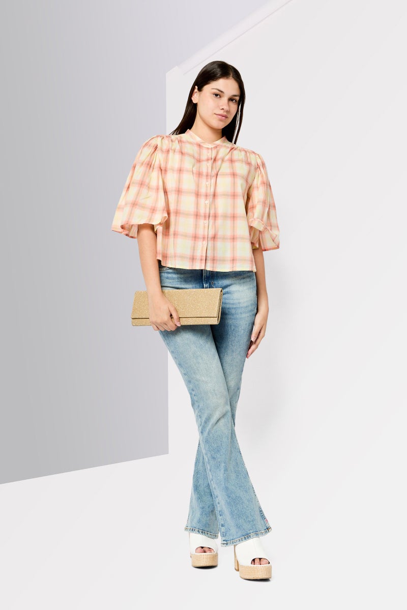 Soda Women Band Collar Trumpet Sleeves Plaid Blouse, Multicolor  - Image 2