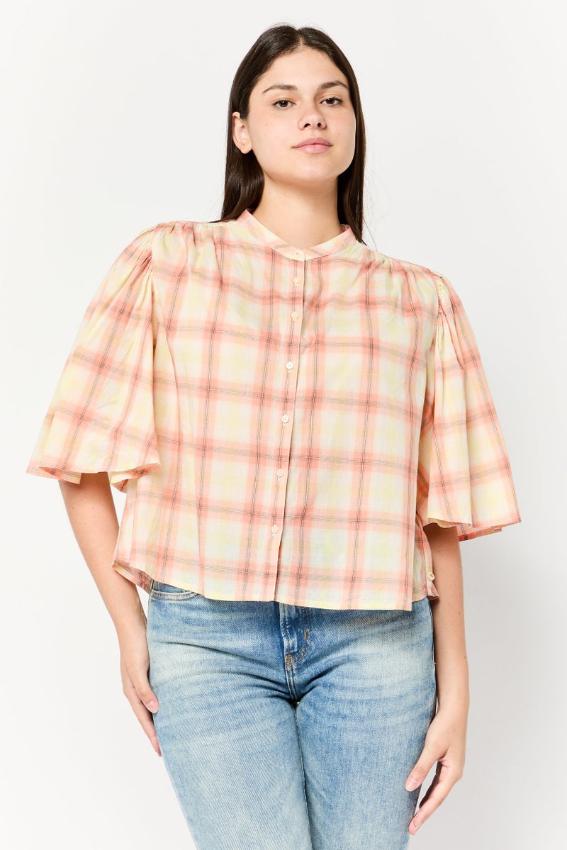 Soda Women Band Collar Trumpet Sleeves Plaid Blouse, Multicolor  - Image 1