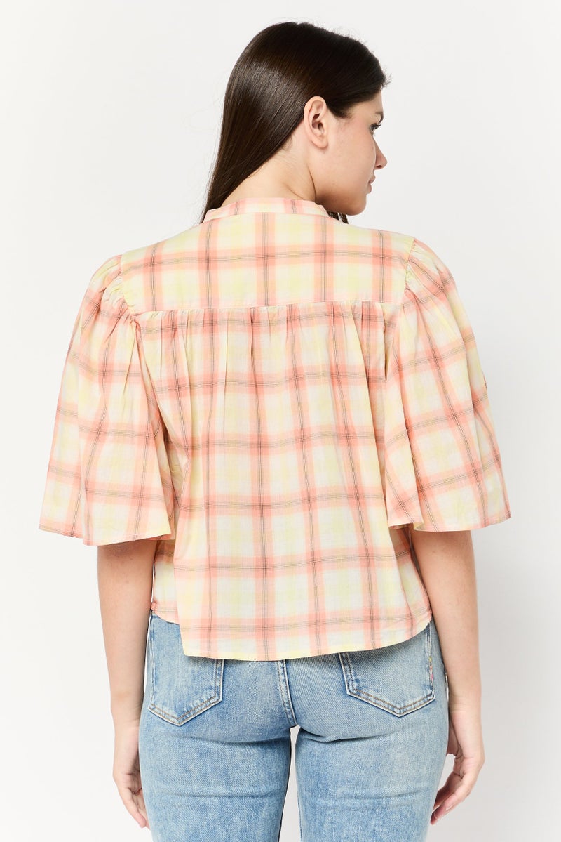 Soda Women Band Collar Trumpet Sleeves Plaid Blouse, Multicolor  - Image 4