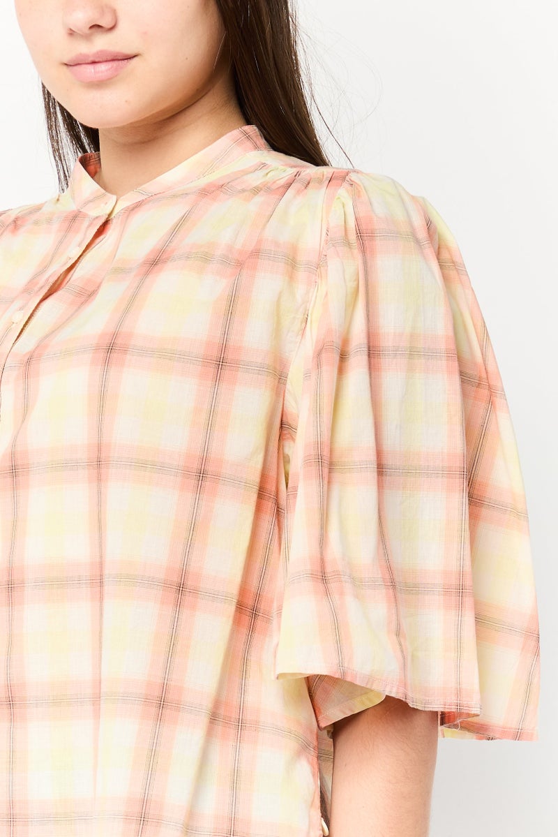Soda Women Band Collar Trumpet Sleeves Plaid Blouse, Multicolor  - Image 3