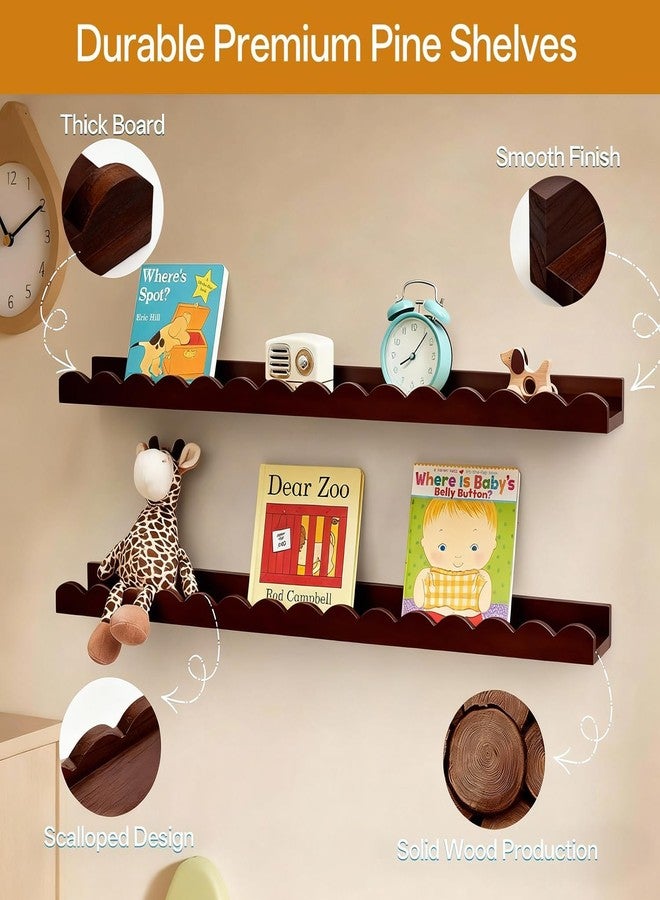 Conamily Walnut Scalloped Book Shelf, Dark Wood Nursery Book Shelves Set of 4 Pine Wooden Floating Bookshelf for Wall Cloud Picture Ledge Shelf for Kids Bedroom Baby Child Toddler Room Kitchen (40cm) - Image 4