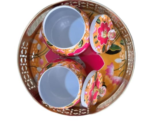 PIEPOT Pichwai Tray Jar Set of 2 250 ml Metal Jars with Serving Tray Pichwai Painting Pichwai Jars for Return Gift Diwali Decor Jars Containers COW ORANGE - Image 3