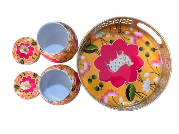PIEPOT Pichwai Tray Jar Set of 2 250 ml Metal Jars with Serving Tray Pichwai Painting Pichwai Jars for Return Gift Diwali Decor Jars Containers COW ORANGE - Image 1