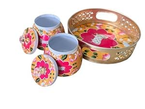 PIEPOT Pichwai Tray Jar Set of 2 250 ml Metal Jars with Serving Tray Pichwai Painting Pichwai Jars for Return Gift Diwali Decor Jars Containers COW ORANGE - Image 4