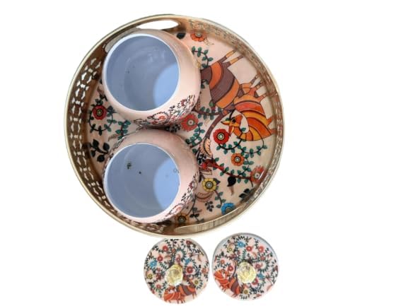 PIEPOT Pichwai Tray Jar Set of 2 250 ml Metal Jars with Serving Tray Pichwai Painting Pichwai Jars for Return Gift Diwali Decor Jars Containers COW ORANGE - Image 2
