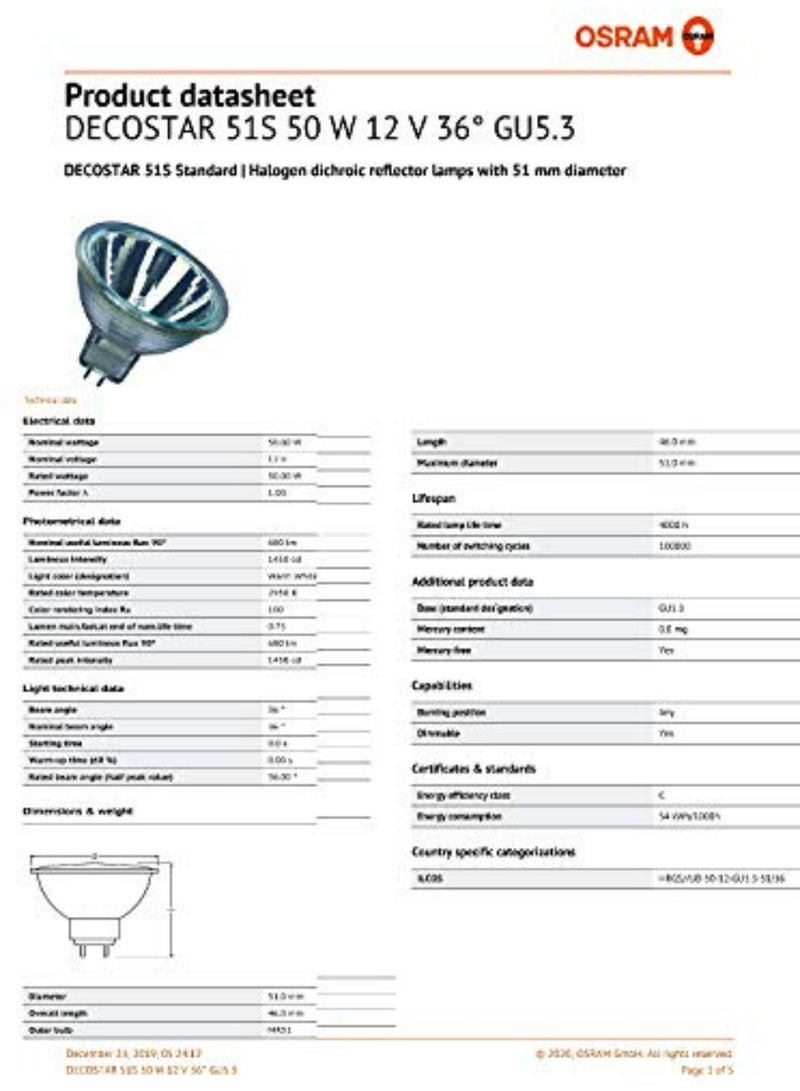 OSRAM 12V GU5.3 50W Standard Circular Halogen Bulb - Pack of 20 pcs - Made in Germany - Image 2