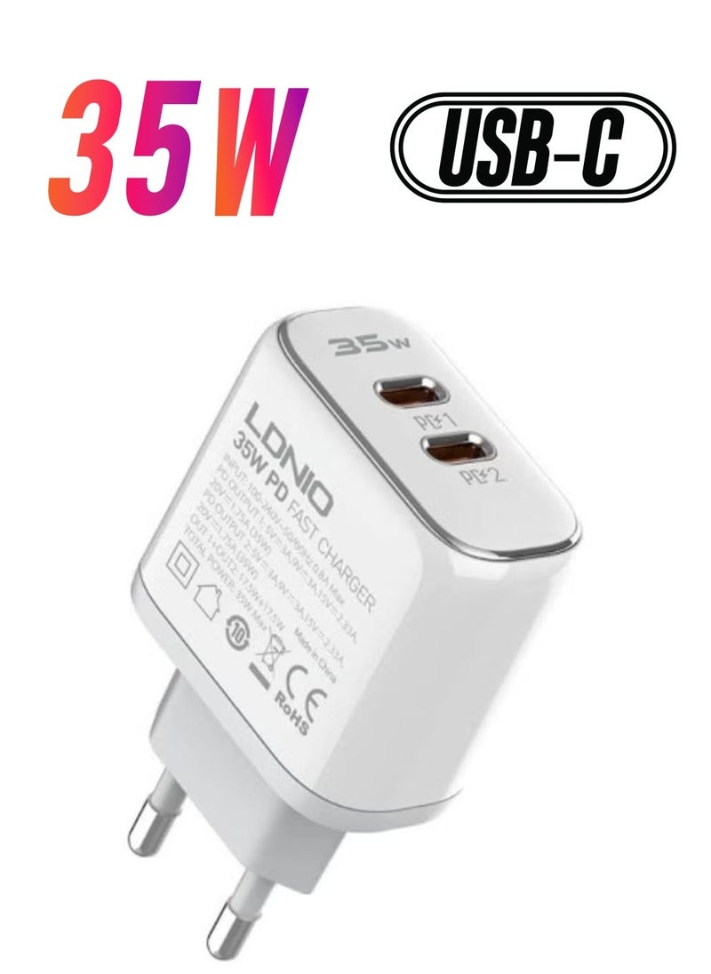 JAJEEK A2528C 2xUSB-C Wall Charger 35W + USB-C to USB-C Cable – Fast Charging for Smartphones, Laptops, and Tablets, Compact Power Adapter for Home & Office Use - Image 1