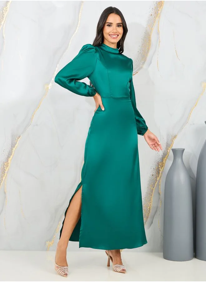 ستايلي Satin High Neck A-Line Maxi Dress with Side Slit