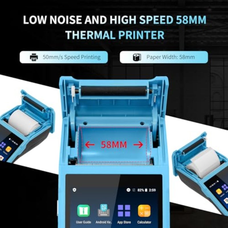 جهاز المساعد الرقمي الشخصي المحمول Android 11.0 POS Terminal Reipt Printer جامع البيانات ماسح الباركود المحمول بلوتوث USB WiFi BT4.0 أزرق مع لفافة ورق 58 × 35 مم، جسم بلاستيكي متين، طباعة مسح سريع، تصميم مضغوط - Image 5
