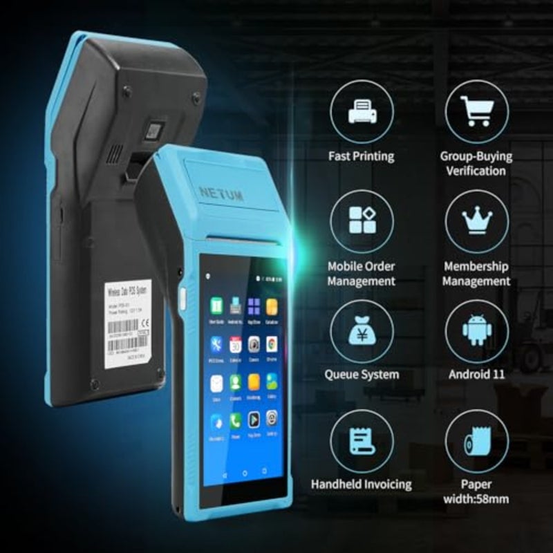 جهاز المساعد الرقمي الشخصي المحمول Android 11.0 POS Terminal Reipt Printer جامع البيانات ماسح الباركود المحمول بلوتوث USB WiFi BT4.0 أزرق مع لفافة ورق 58 × 35 مم، جسم بلاستيكي متين، طباعة مسح سريع، تصميم مضغوط - Image 2
