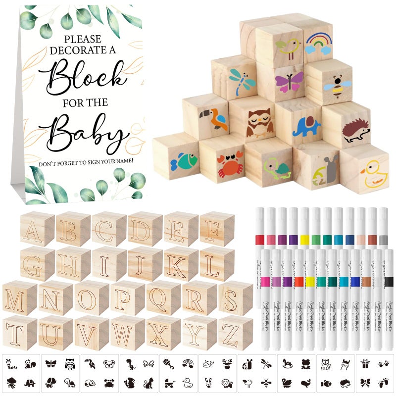 Aisharery 117 Pcs Baby Shower Blocks to Decorate Game Kit Includes 52 Wooden Blocks 24 Markers 1 Game Sign 40 Templates to Paint (Leaf) - Image 1