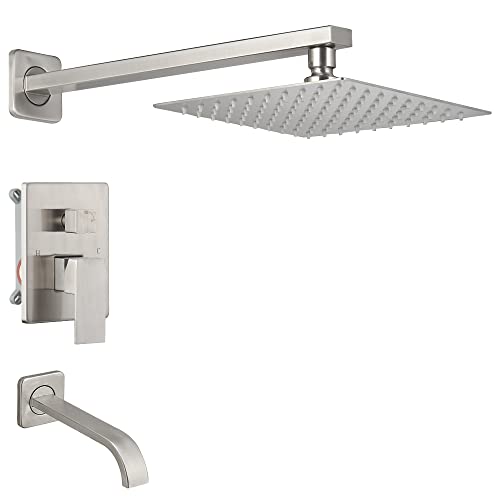 Heable Brushed Nickel Shower Faucet Set with Tub Spout Bathroom Luxury Rain Mixer Shower Head System Wall Mounted Shower Faucet Complete, Single Handle Tub and Shower Trim Kit with Rough-in Valve - Image 1