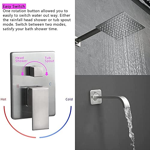 Heable Brushed Nickel Shower Faucet Set with Tub Spout Bathroom Luxury Rain Mixer Shower Head System Wall Mounted Shower Faucet Complete, Single Handle Tub and Shower Trim Kit with Rough-in Valve - Image 2