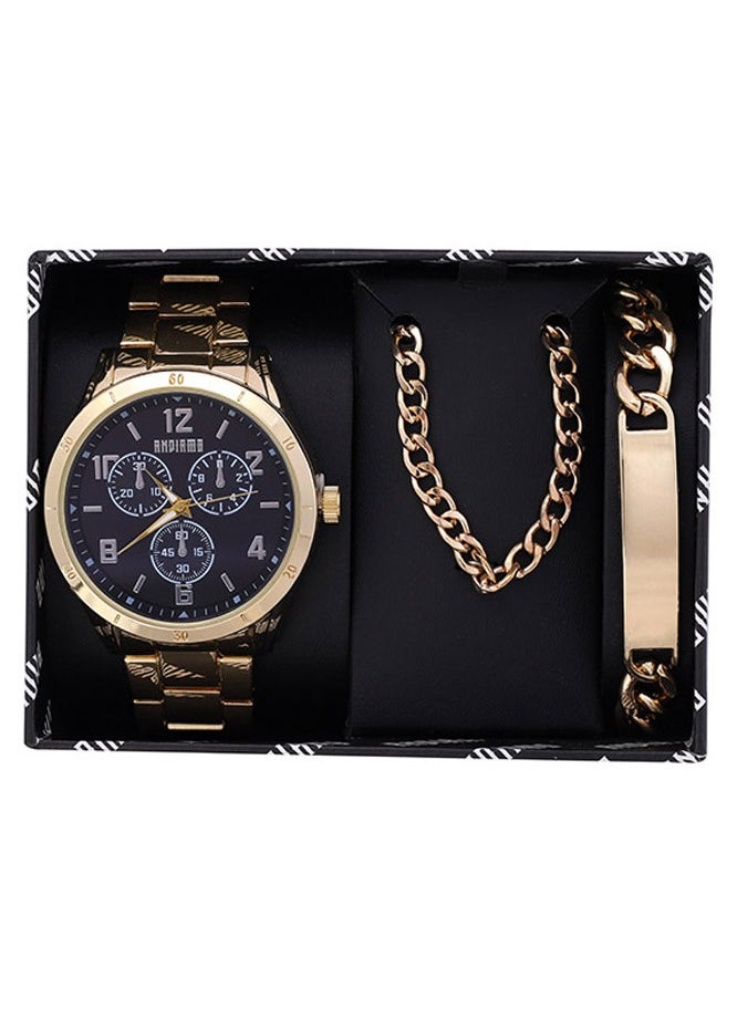 ANDIAMO Men's Analog Gold Case Black Metal Strap Set Watch 