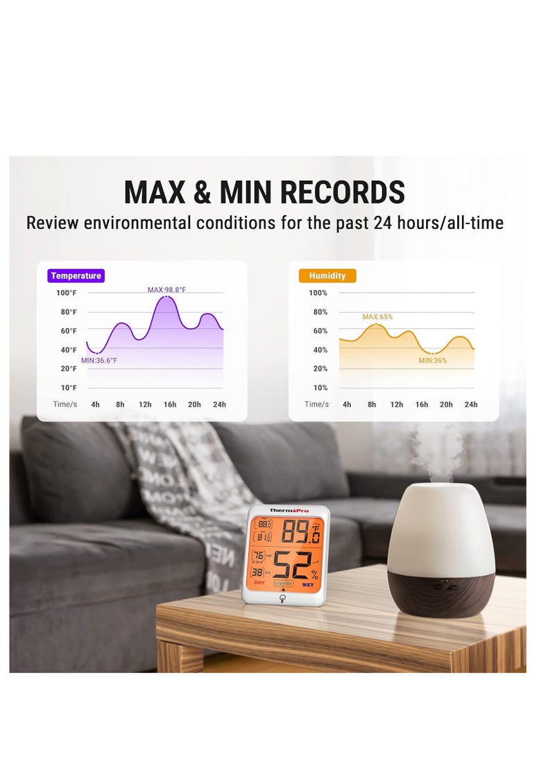 ThermoPro TP53 Digital Hygrometer Indoor Thermometer for Home, Temperature Humidity Sensor with Comfort Indicator & Max Min Records, Backlight Display Room Thermometer Humidity Meter, LCD - Image 4