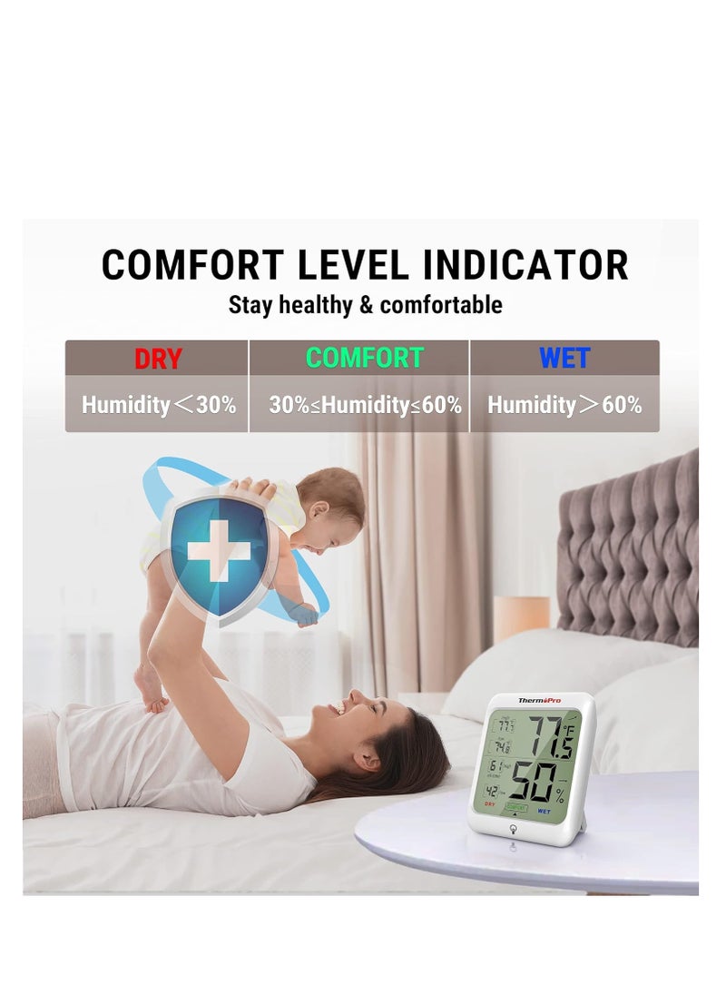 ThermoPro - ThermoPro TP53 Digital Hygrometer Indoor Thermometer for Home, Temperature Humidity Sensor with Comfort Indicator & Max Min Records, Backlight Display Room Thermometer Humidity Meter, LCD - Image 1