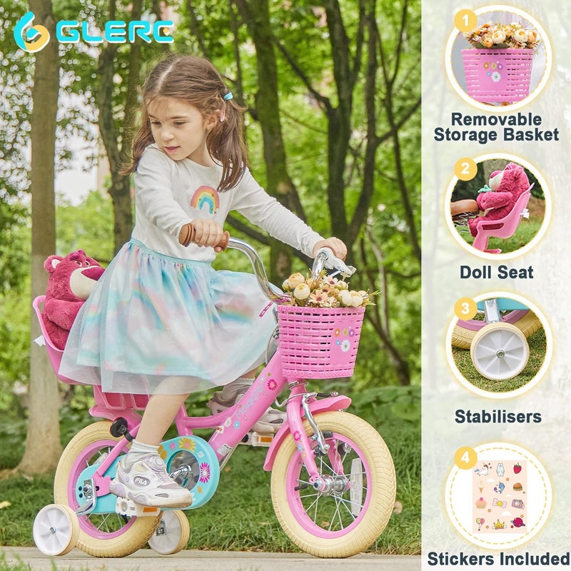 Glerc 12 Inch Kids Bike for 1 2 3 4 Years Old Little Girls Cute Bicycles with Basket Stabilisers and Bell, Pink - Image 2