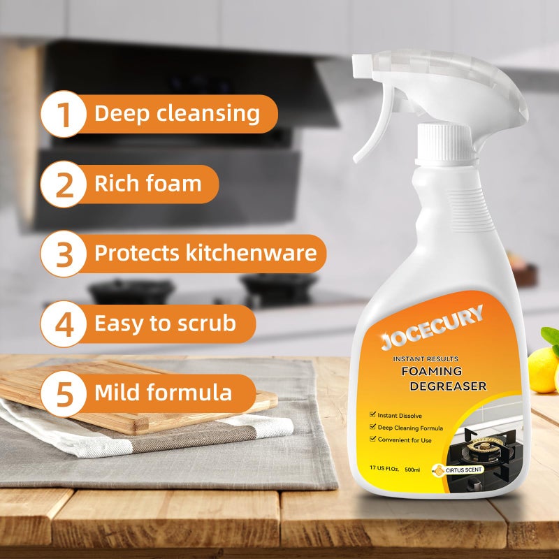Jocecury 500ml Powerful Kitchen Degreaser Foam Spray - Multipurpose Grease Remover for Pots, Pans, Countertops & Appliances with 2-in-1 No-Rinse Dual Spray Nozzle (Lemon) - Image 2