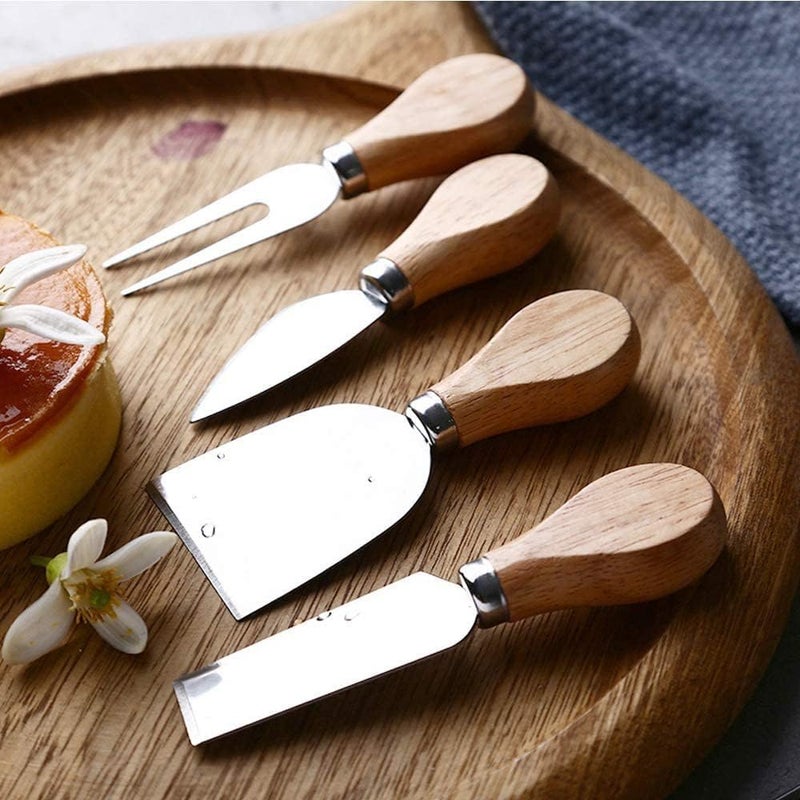 4 Pcs Travel Cheese Knife Set, Stainless Steel Cheese Cutter and Bamboo Wood Handle, Cheese Cutter, Cheese Knife, Blade, Fork and Spreader, Wooden Handle - By Pegui Bell