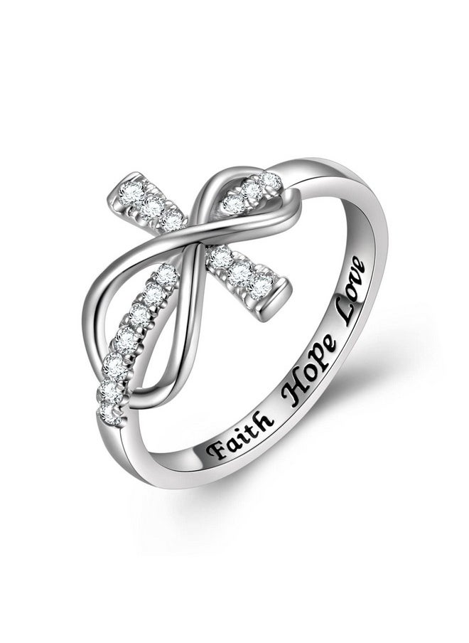 DAOCHONG Inspirational Jewelry 925 Sterling Silver Engraved Faith Hope Love Cubic Zirconia Cross Infinity Ring Size 8  - Image 1