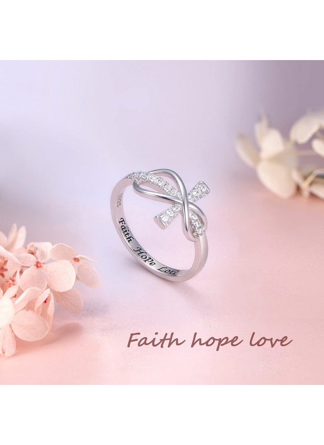 DAOCHONG Inspirational Jewelry 925 Sterling Silver Engraved Faith Hope Love Cubic Zirconia Cross Infinity Ring Size 8  - Image 3