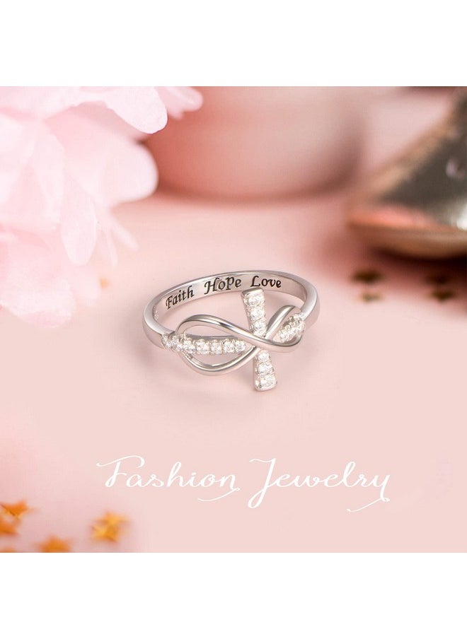 DAOCHONG Inspirational Jewelry 925 Sterling Silver Engraved Faith Hope Love Cubic Zirconia Cross Infinity Ring Size 8  - Image 4