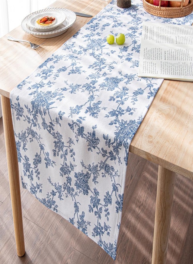 LOVOUS Linen Floral Runner for Table - 14 x 60 Inch - French Country Vintage Blue Table Runners 60 Inches Long for Holiday Kitchen Dining Wedding Home Party Decore,Vintage Floral - Image 1