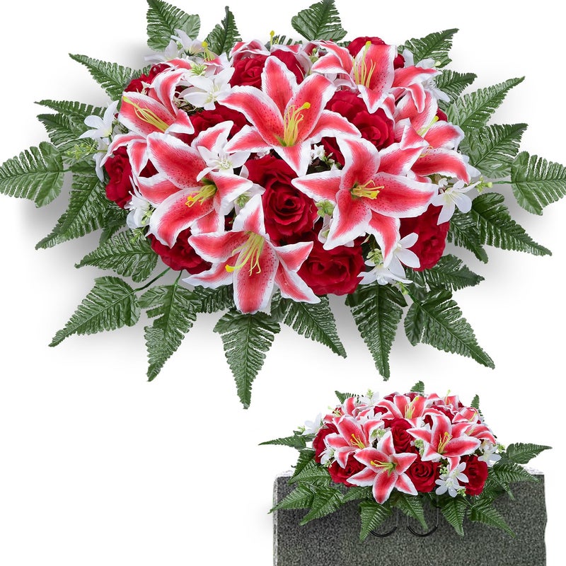 XONOR Artificial Headstone Flower Saddles for Graves  Cemetery Memorial Flowers for Outdoor Gravesite Tombstone Decorations  Lily Rose Flowers Saddle (Red Lily) - Image 1