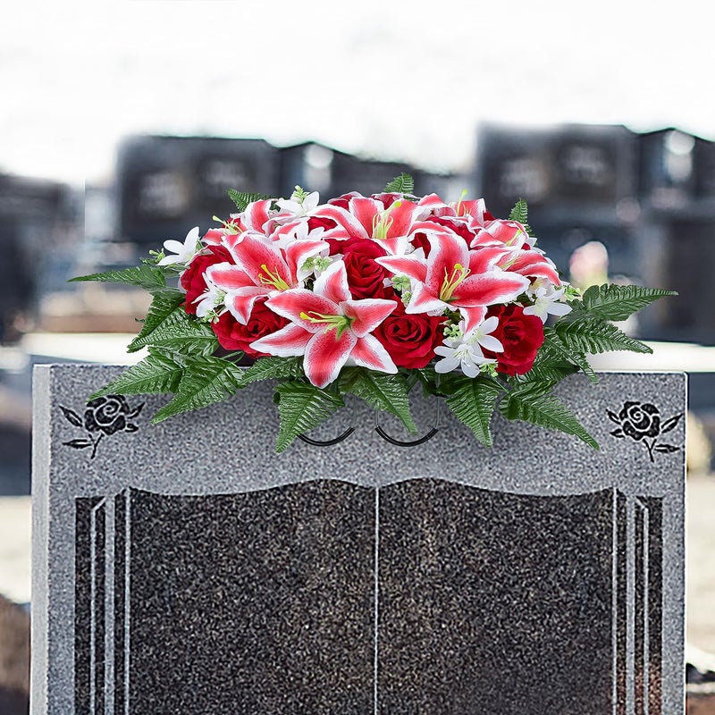 XONOR Artificial Headstone Flower Saddles for Graves  Cemetery Memorial Flowers for Outdoor Gravesite Tombstone Decorations  Lily Rose Flowers Saddle (Red Lily) - Image 5