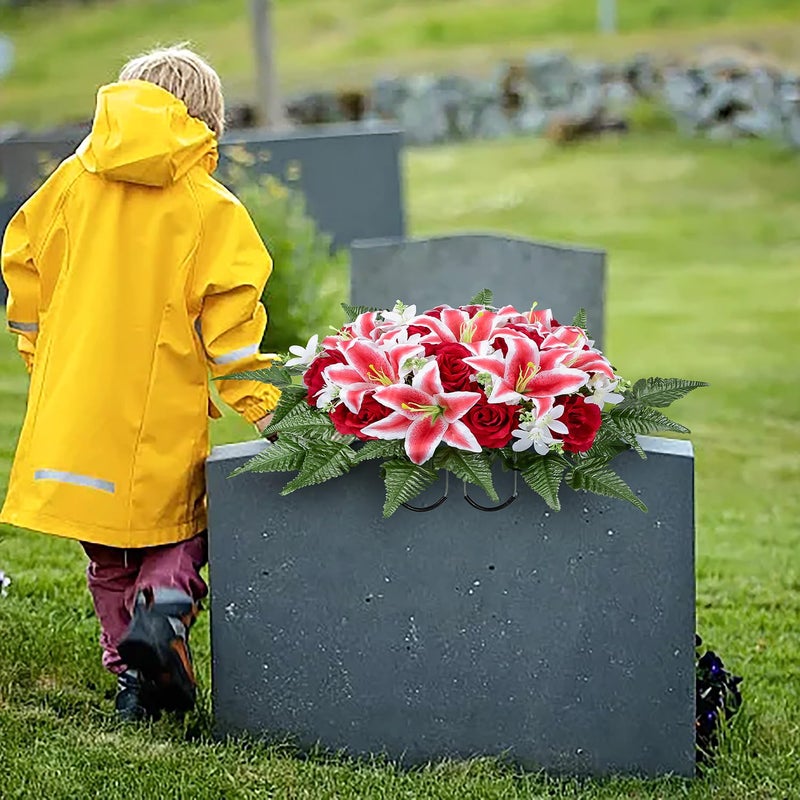 XONOR Artificial Headstone Flower Saddles for Graves  Cemetery Memorial Flowers for Outdoor Gravesite Tombstone Decorations  Lily Rose Flowers Saddle (Red Lily) - Image 4