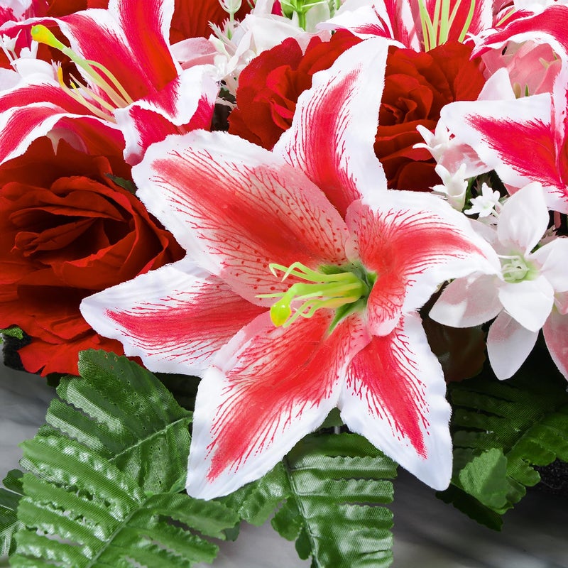 XONOR Artificial Headstone Flower Saddles for Graves  Cemetery Memorial Flowers for Outdoor Gravesite Tombstone Decorations  Lily Rose Flowers Saddle (Red Lily) - Image 3