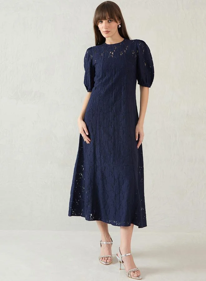 فيميلا Femmella Navy Blue Solid Lace Puff Sleeves A-Line Maxi Dress