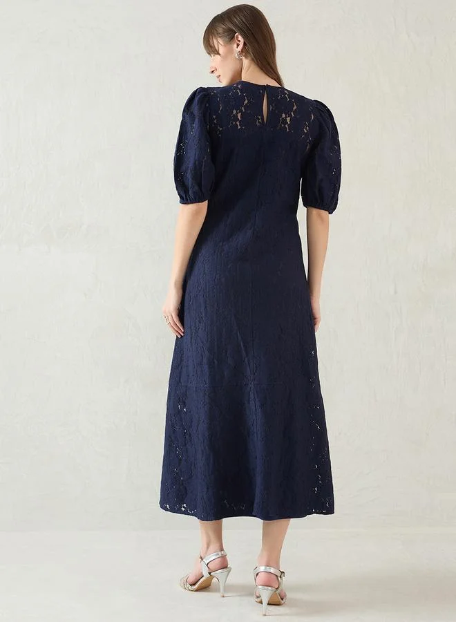 فيميلا Femmella Navy Blue Solid Lace Puff Sleeves A-Line Maxi Dress
