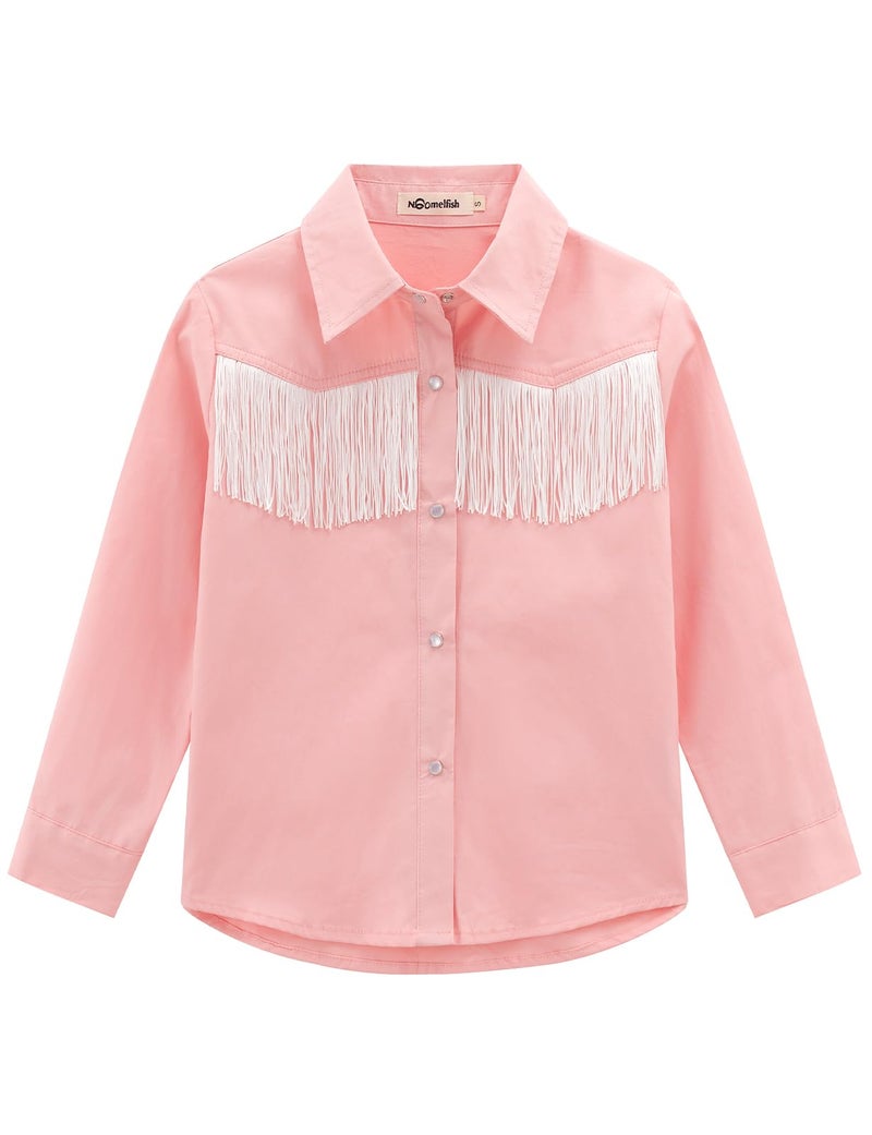 Noomelfish Girls Fringe Snap Button Down Western Shirt Cowgirl Long Sleeve Blouse Tops, Pink, Size 5-6 Years - Image 3