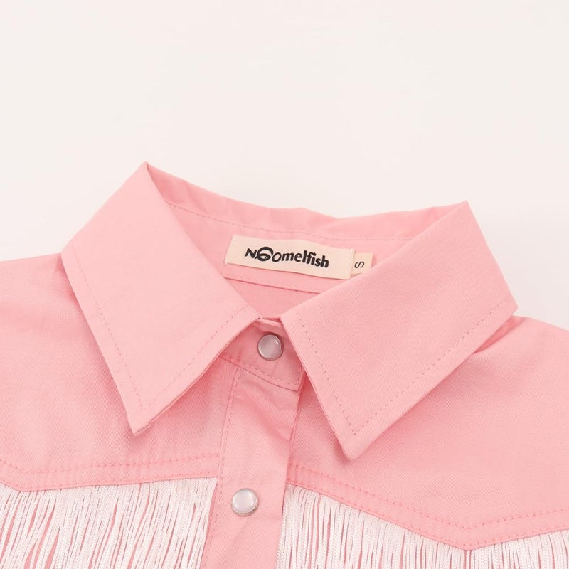 Noomelfish Girls Fringe Snap Button Down Western Shirt Cowgirl Long Sleeve Blouse Tops, Pink, Size 5-6 Years - Image 5
