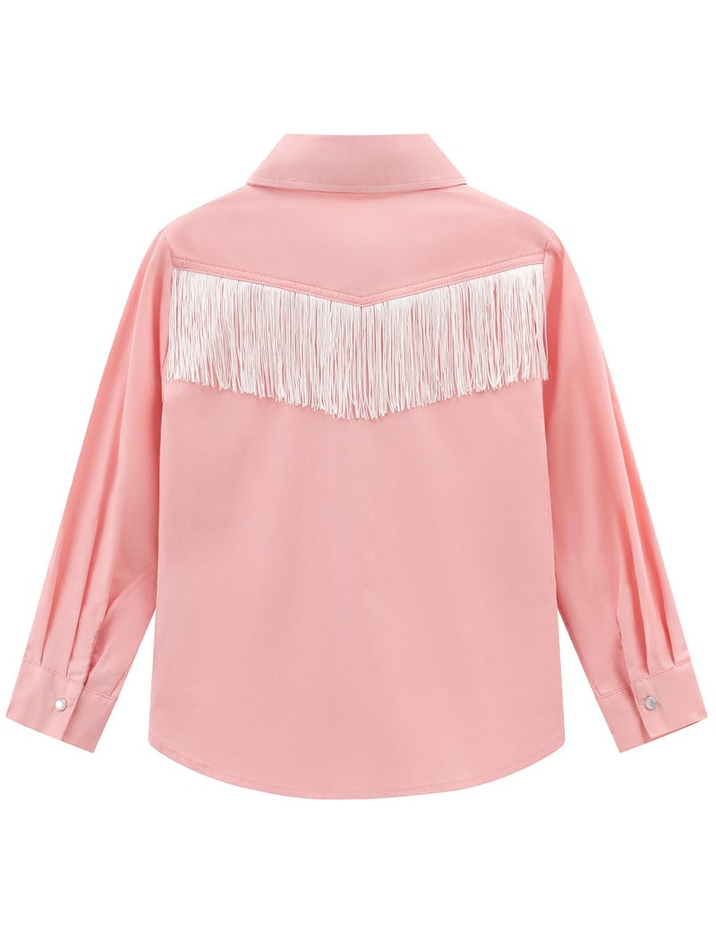 Noomelfish Girls Fringe Snap Button Down Western Shirt Cowgirl Long Sleeve Blouse Tops, Pink, Size 5-6 Years - Image 4