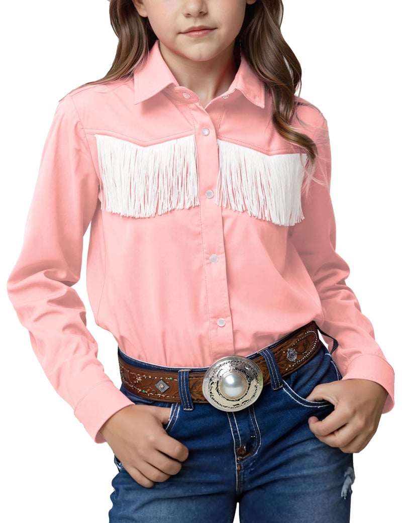 Noomelfish Girls Fringe Snap Button Down Western Shirt Cowgirl Long Sleeve Blouse Tops, Pink, Size 5-6 Years - Image 1