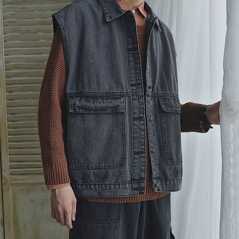 Denim Vest Mens Summer Early Autumn Ins Fashionable Vest Overalls Sleeveless T-Shirt Shoulder Vest Loose Hong Kong Style Jacket Black