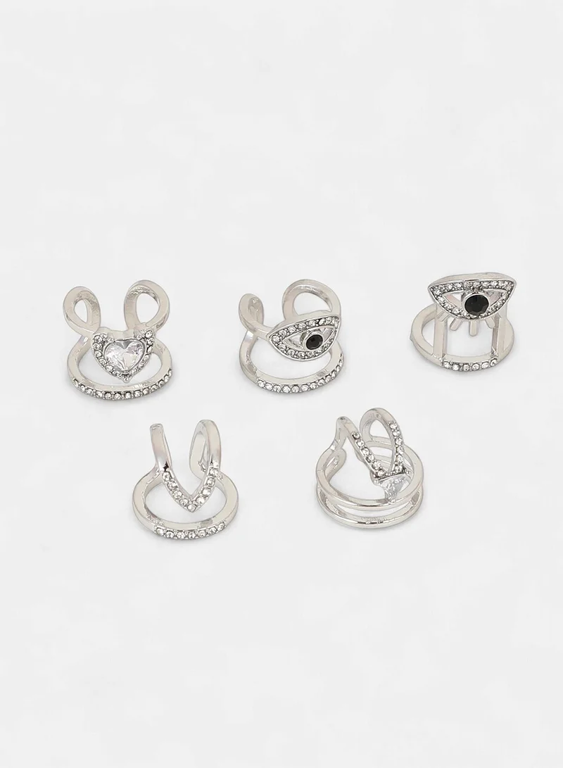 Sohi  Women The Malocchio Nail Ring Set | Metallic Silver Colour | Set Of 5 | One-Size | Artificial Stone Alloy Material | Adjustable Closure | Ring For Casual & Evening Wear for Women | Best Price UAE