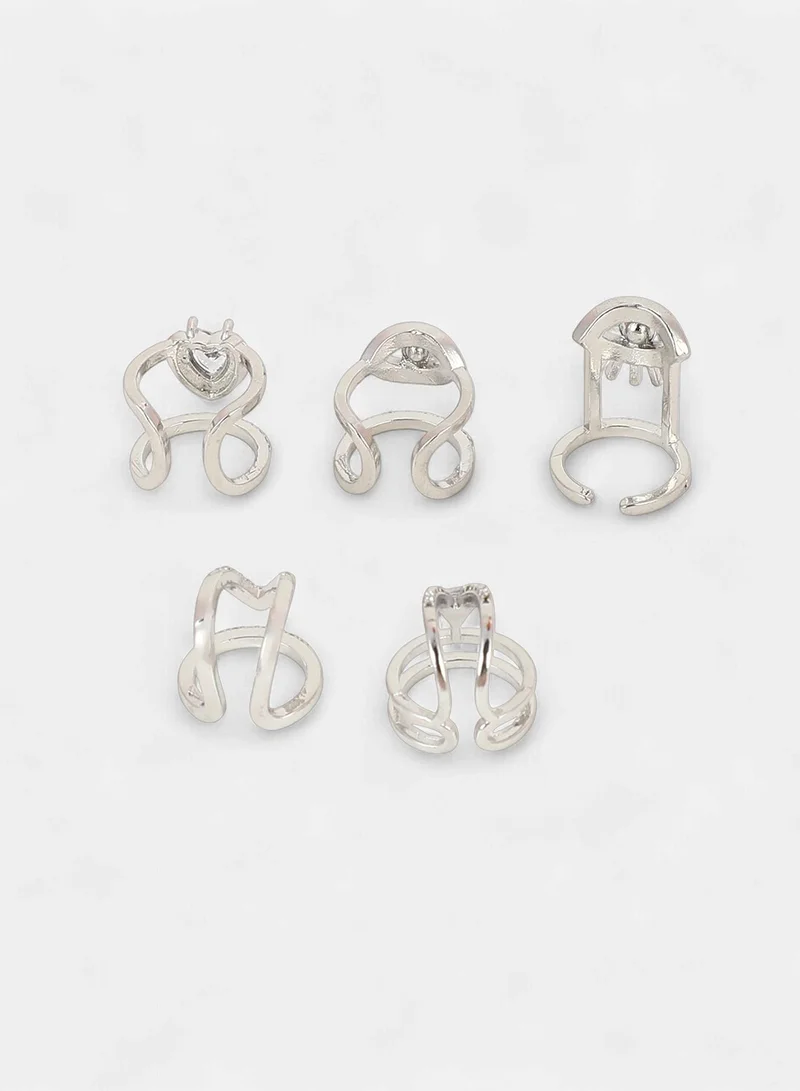 Sohi  Women The Malocchio Nail Ring Set | Metallic Silver Colour | Set Of 5 | One-Size | Artificial Stone Alloy Material | Adjustable Closure | Ring For Casual & Evening Wear for Women | Best Price UAE