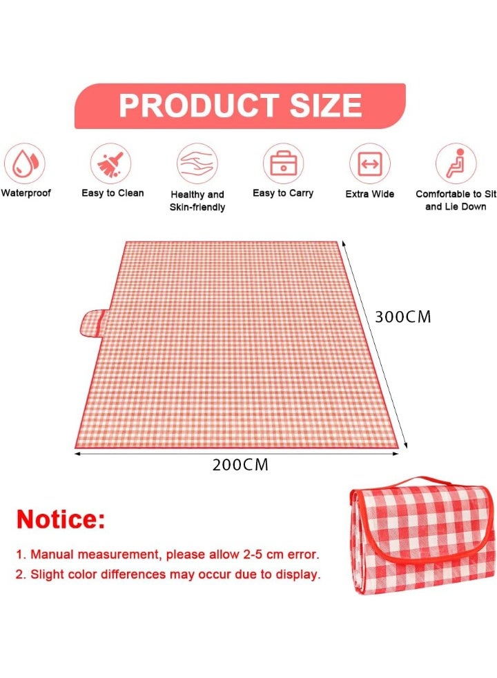 Cuken Foldable Waterproof Outdoor Picnic Mat, Picnic Blanket, Outdoor Blanket, Extra Large Tartan Waterproof Mat With Carrying Handle Foldable and Portable 300CM X 200CM, Picnic Camping Blanket for Camping, Park, Garden, Beach, Outdoor, Red and White Grid - Image 2