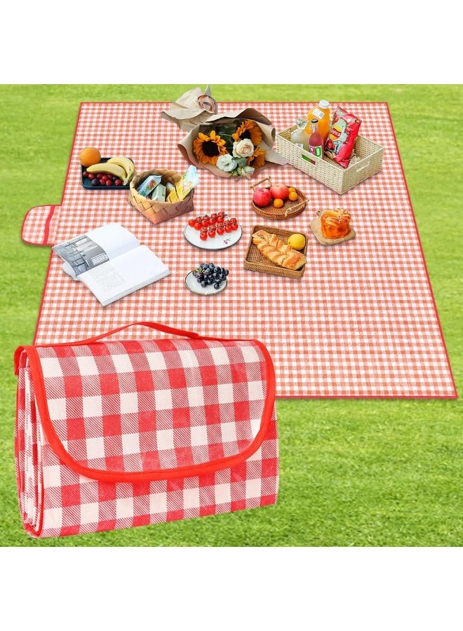 Cuken Foldable Waterproof Outdoor Picnic Mat, Picnic Blanket, Outdoor Blanket, Extra Large Tartan Waterproof Mat With Carrying Handle Foldable and Portable 300CM X 200CM, Picnic Camping Blanket for Camping, Park, Garden, Beach, Outdoor, Red and White Grid - Image 4