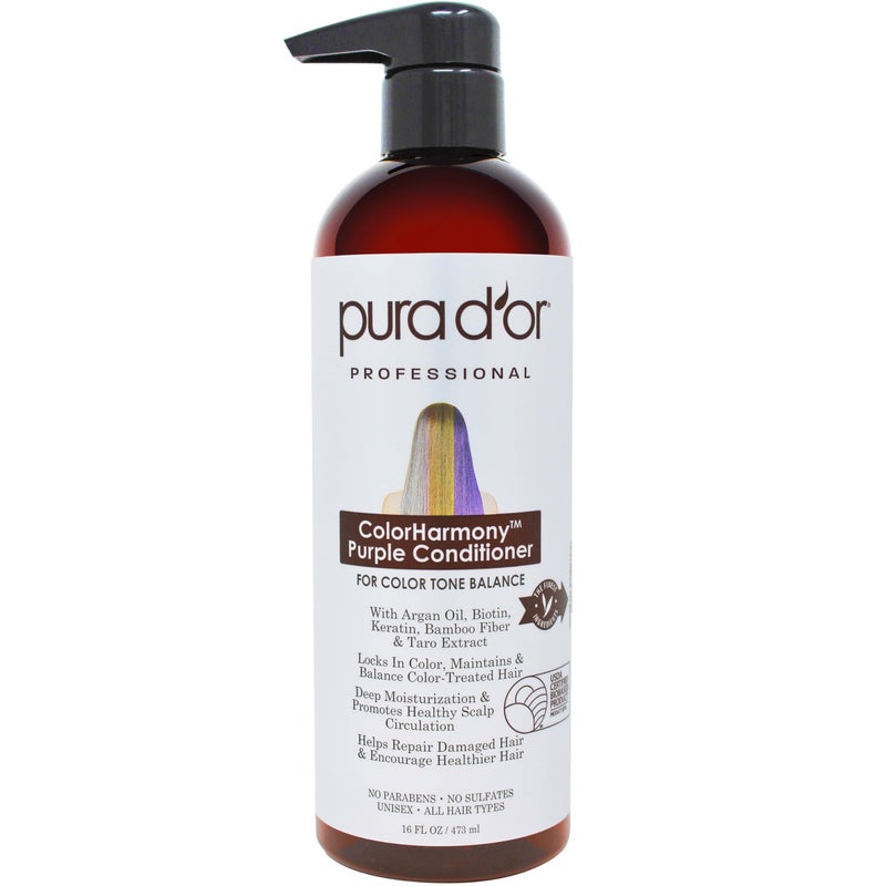 PURA D'OR 16 Oz ColorHarmony Purple Conditioner For Bleached, Blonde, Silver & Color Treated Hair - Keratin, Bamboo Fiber, No Sulfates, Select Natural Ingredients - Men & Women - Image 1