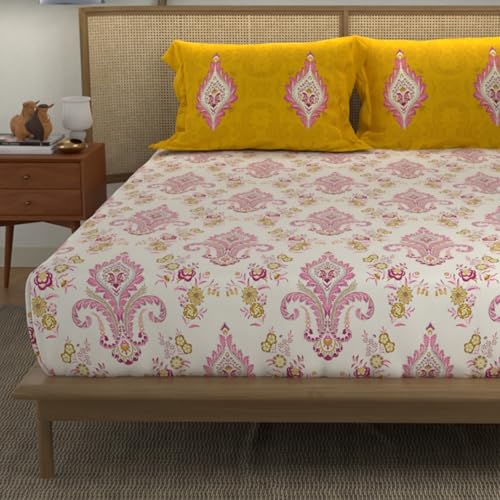 Urban Space - Divine Collection 100% Cotton Double Bedsheet with 2 Pillow Covers, Bedsheet - 90 inch x 100 inch, Motif Mustard - Image 1