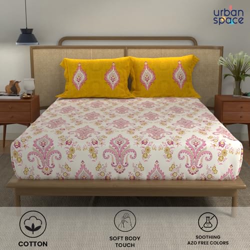 Urban Space - Divine Collection 100% Cotton Double Bedsheet with 2 Pillow Covers, Bedsheet - 90 inch x 100 inch, Motif Mustard - Image 2
