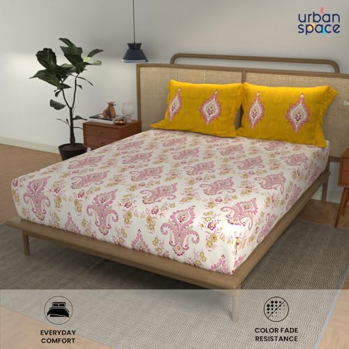 Urban Space - Divine Collection 100% Cotton Double Bedsheet with 2 Pillow Covers, Bedsheet - 90 inch x 100 inch, Motif Mustard - Image 4