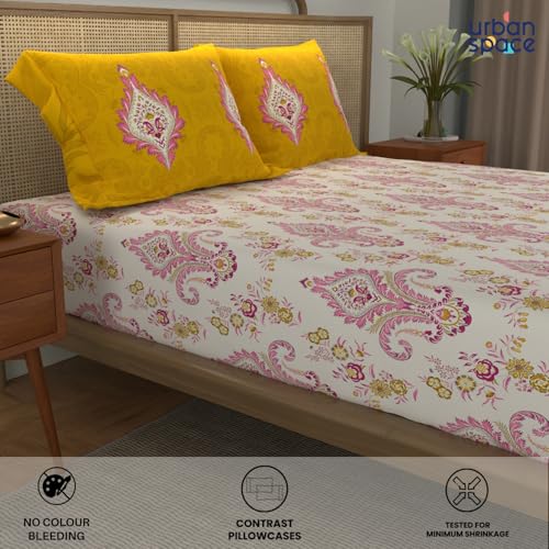Urban Space - Divine Collection 100% Cotton Double Bedsheet with 2 Pillow Covers, Bedsheet - 90 inch x 100 inch, Motif Mustard - Image 3