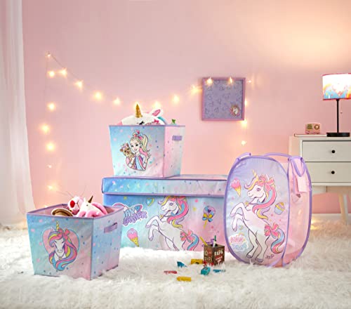 Idea Nuova JoJo Siwa 4 Piece Dreamy Bow Unicorn Storage Solution Set with Pop Up Hamper Collapsible Storage Trunk and 2 Nestable Storage Bins - Image 1