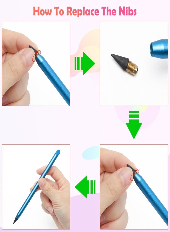 Windspeed 4+9 Pack Metal Inkless Pencil Eternal, Reusable Everlasting Pencil with Eraser and 8 Pcs Replaceable Nibs - Image 4
