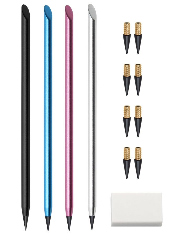 Windspeed 4+9 Pack Metal Inkless Pencil Eternal, Reusable Everlasting Pencil with Eraser and 8 Pcs Replaceable Nibs - Image 1